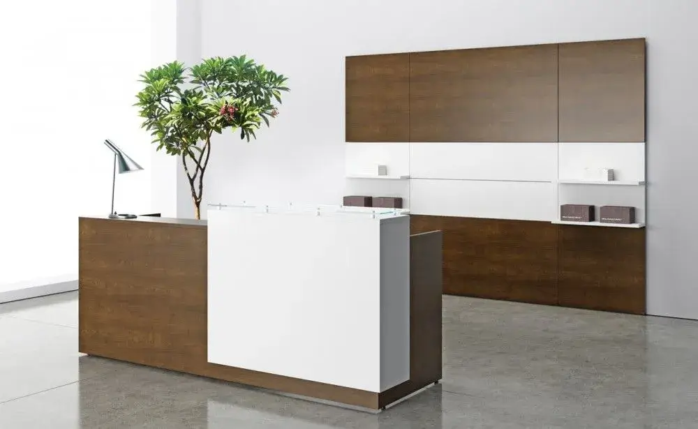Sleek and modern office reception area with a bold desk